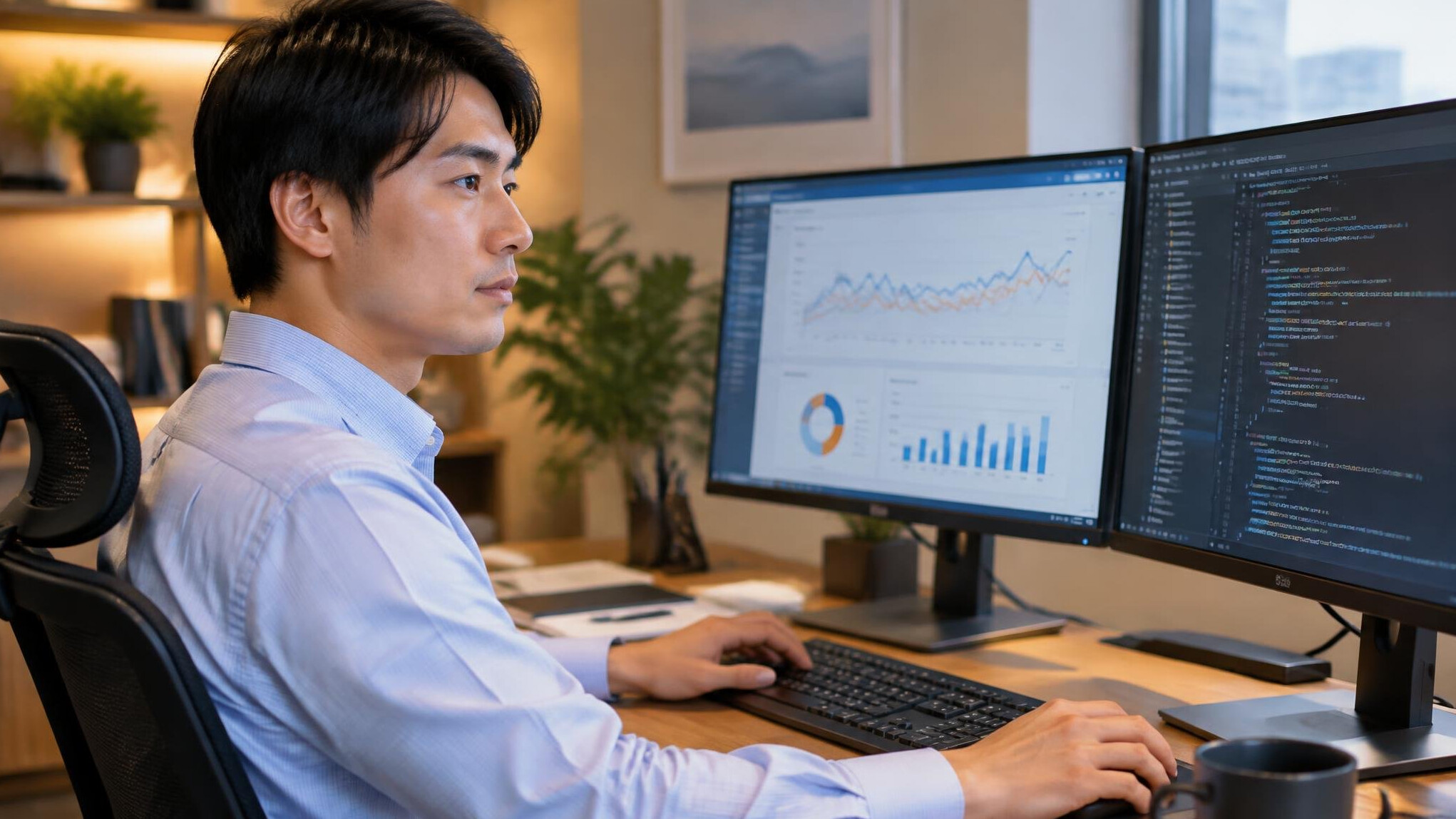 Japanese software engineer working on insurance systems at a desk with multiple monitors