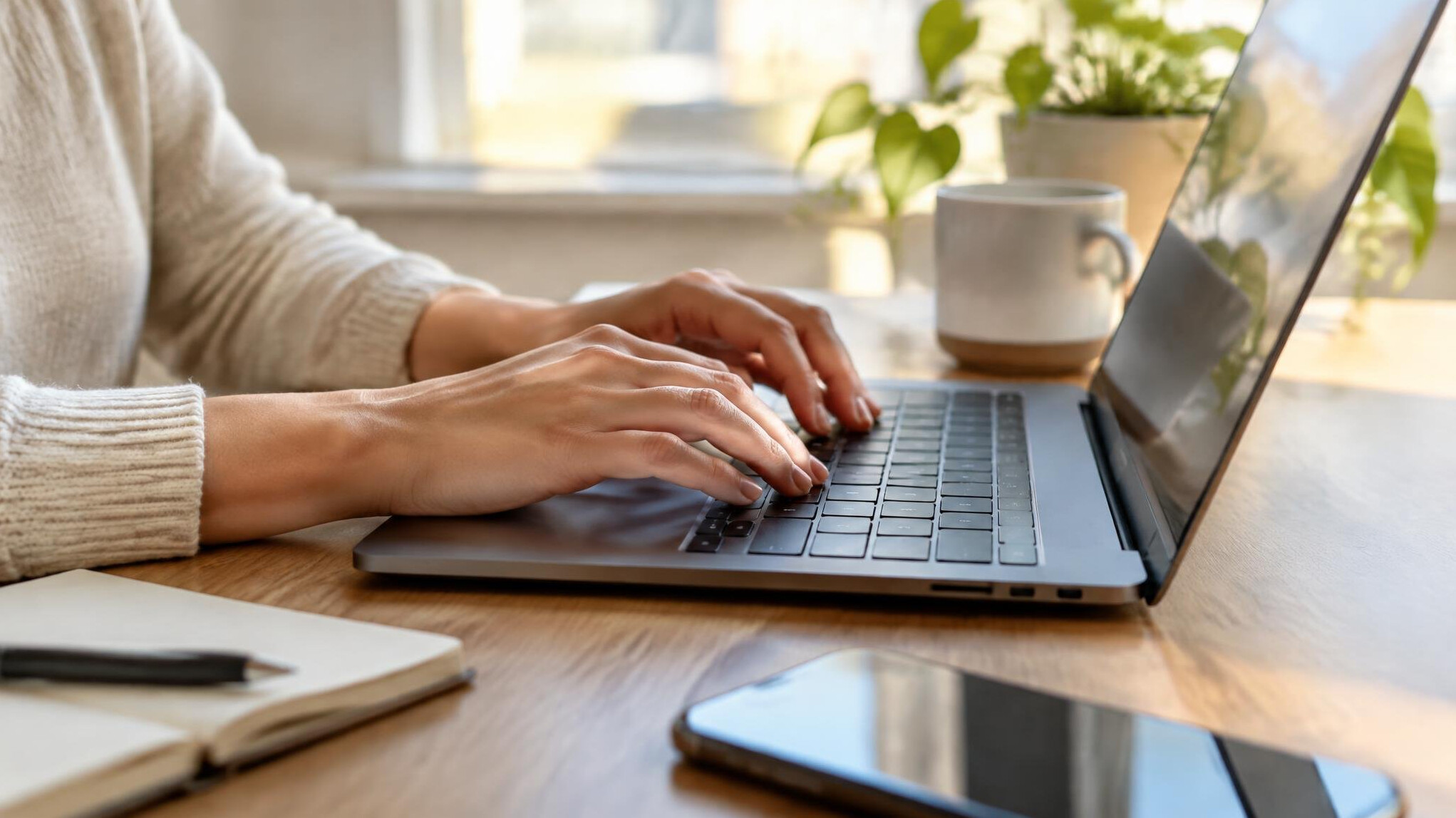 Close up of hands typing on a laptop keyboard with soft warm lighting